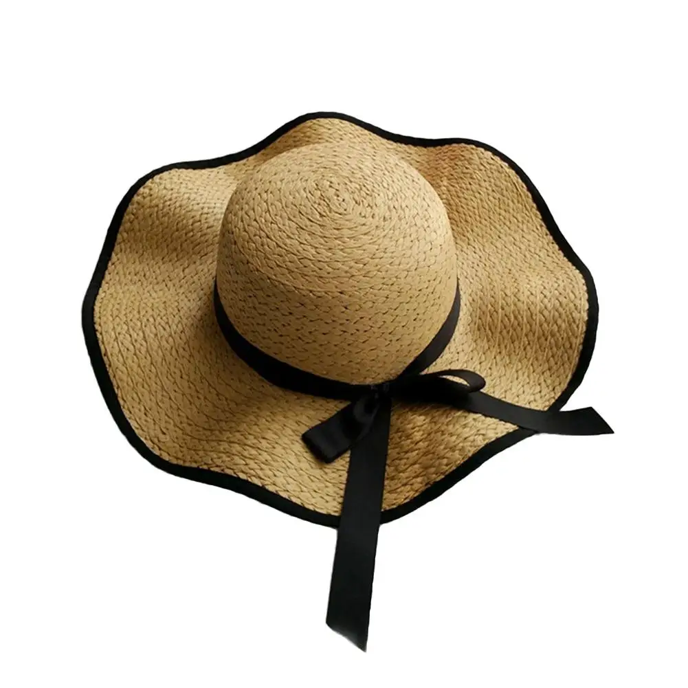 

Women Bowknot Straw Weave Wavy Wide Brim Sunscreen Outdoor Beach Sunhat Cap Hat