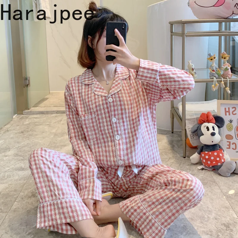 

Harajpee Plaid Pajamas Cotton Long Sleeve Cotton Hemp Japanese Cardigan Girl Simple Spring Autumn Winter Simple Home Clothes