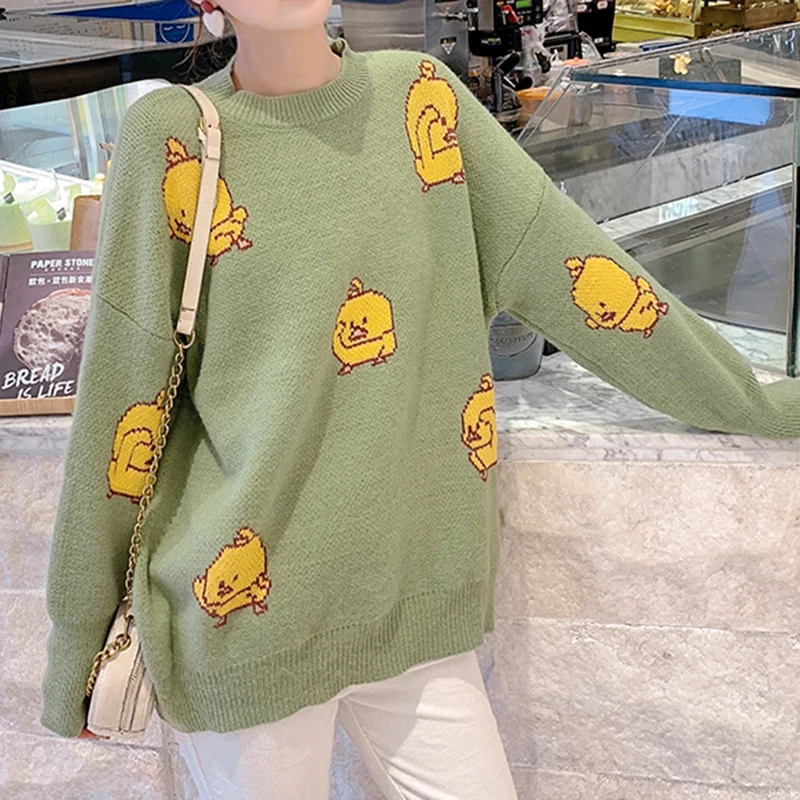 green apricot gray white black little yellow duck sweater o neck knitted pullovers long sleeve winter autumn M0075 | Женская одежда