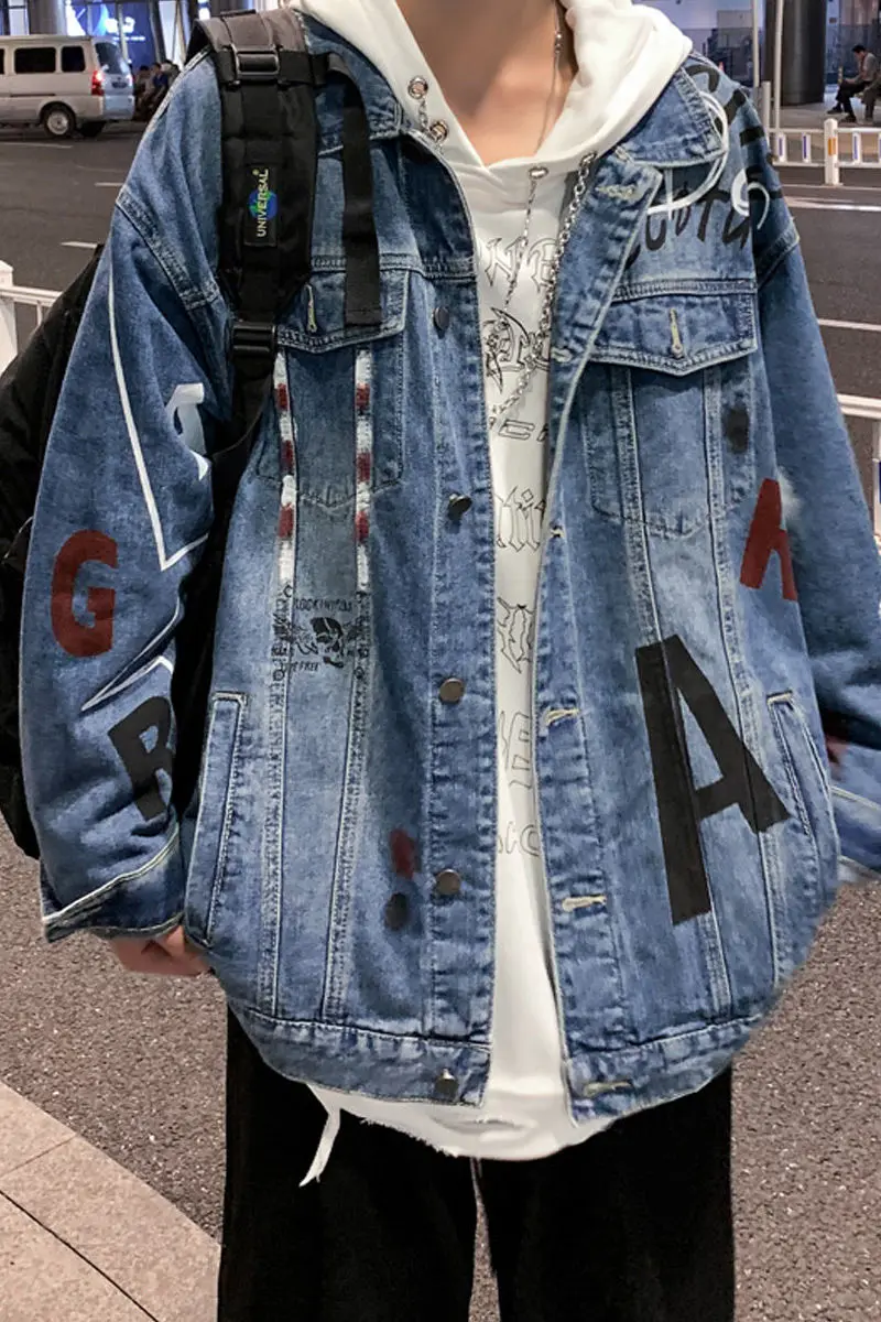 

2020 Spring And Autumn New Youth Popular Men's Personality Letter Printing Loose Lapel Denim Jacket Fashion Casual Top