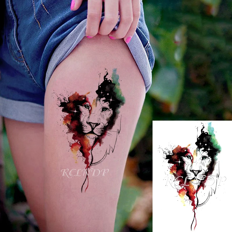 Waterproof Temporary Tattoo Sticker Lion Big Animal Color Water-ink Element Fake Tatto Flash Tatoo Arm Leg Art for Women Men | Красота и