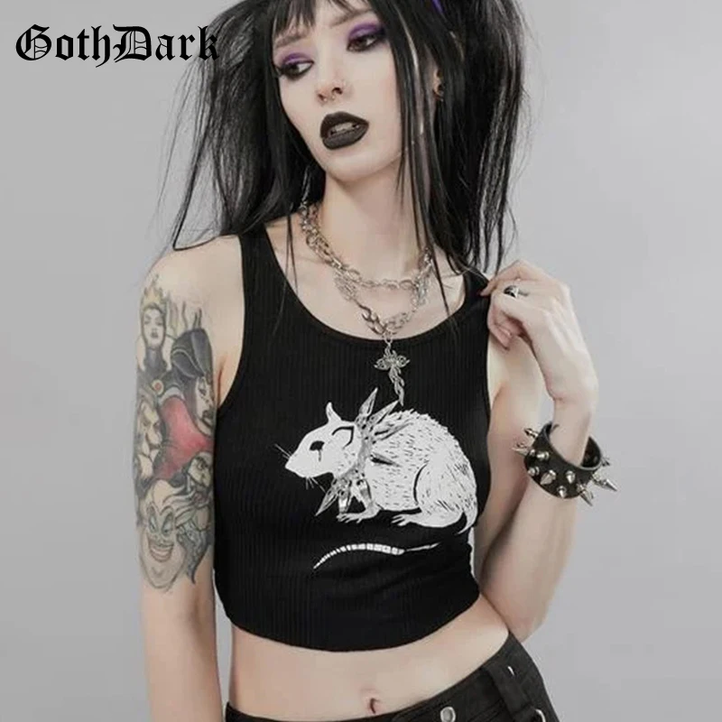 Goth Dark Mall Gothic Grunge Aesthetic Women Tank Tops Punk Bodycon Sexy Ribbed Cropped Printed Streetwear Emo Alt Clothes | Женская