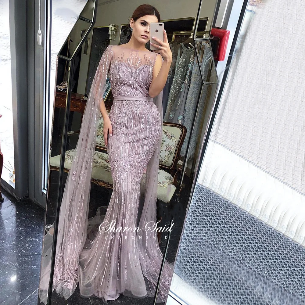 

Sharon Said Luxury Pink Dubai Mermaid Evening Dress with Cape Sleeve Long Arabic Formal Dresses for Women Wedding Party Gowns