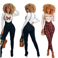 lucky label 2 piece sets women butterfly white t shirts suspender trousers bodycon pants birthday outfits wholesale dropshipping