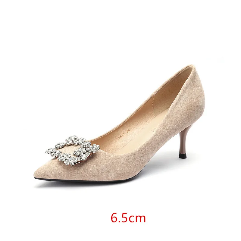 beige6.5cm Обувь; женская обувь на высоком каблуке осень каблучке на застежке Украшенные стразами Стразы туфли из флока с острым носком вечерние Свадебная обувь на каблуках женские туфли-лодочки 3,5/5/6,5 см на высоком каблуке - Цвет: beige6.5cm
