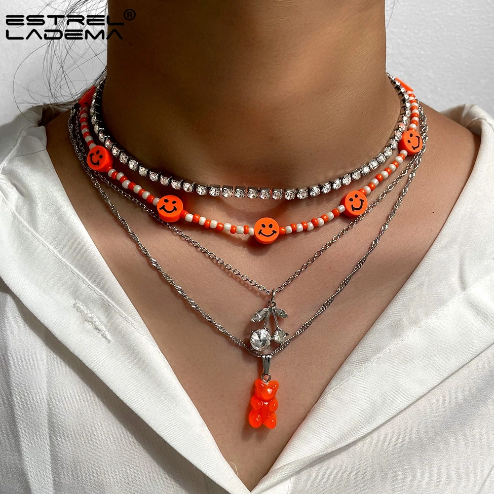 

Multilayer Orange Gummy Bear Smiley Face Seed Beaded Necklace For Women Shiny Cherry Crystal Tennis Chain Necklace Jewelry Gifts