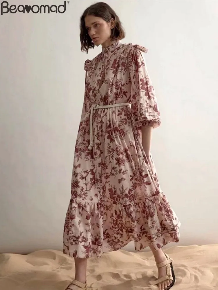 

Bearomad Fashion Woman Summer Elegant Retro A-Line Long Dress O-Neck Single Breasted Sashes Flower Plant Pattern Print Dresses