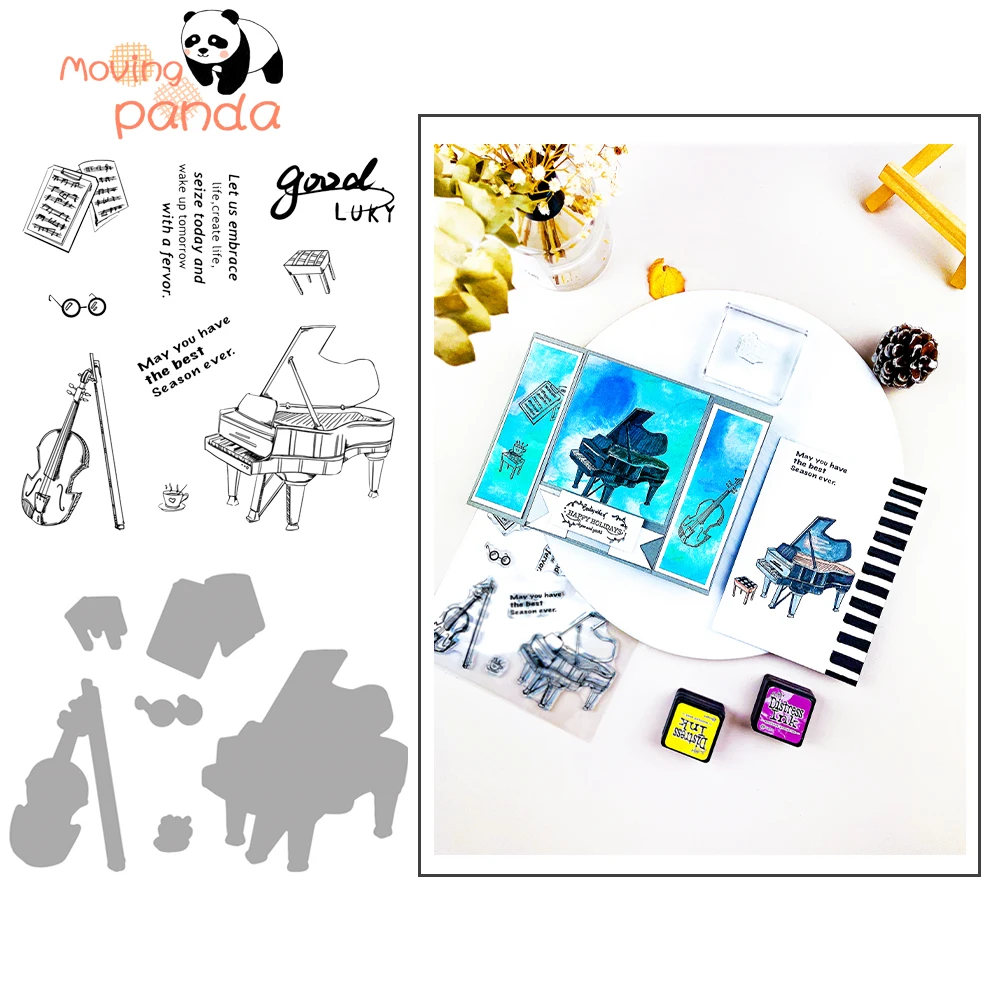 

Guitar Piano Clear Stamps And Metal Cutting Dies Stencil For Scrapbook DIY Decorative Embossing Album Die Cut Template