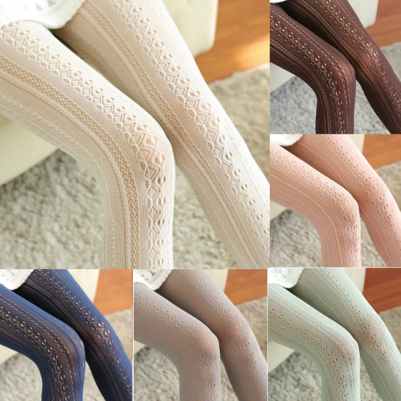 

Women Girls Knitted Cotton Tights Female Autumn Winter Hollow Out Solid Long Stockings Tights