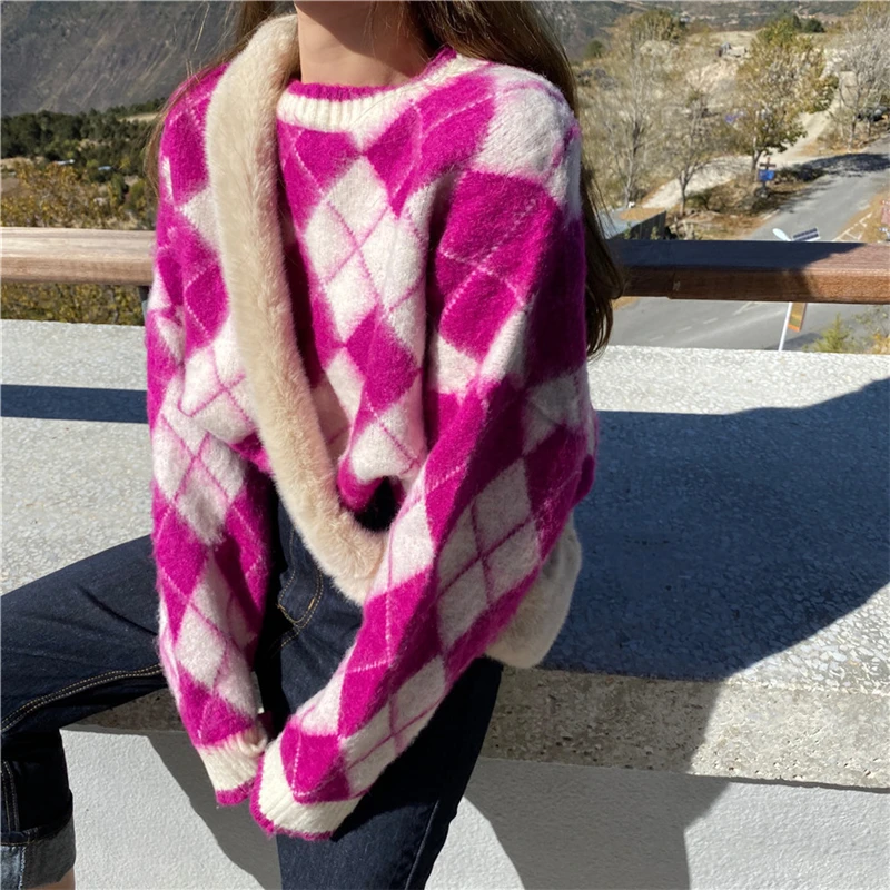 

HSTAR Women Plaid Mink Sweater Fall Winter Casual Loose O-neck Warm Knit Jumpers For Female Fashion Sweet Pullovers Lady Tops