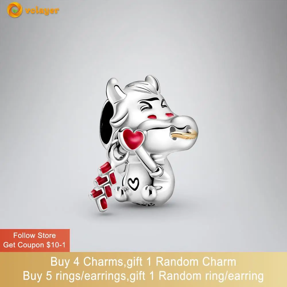 Volayer 925 Sterling Silver Cute Ox Charm fit Original Pandora Bracelets for Women Jewelry Making Birthday Gift | Украшения и