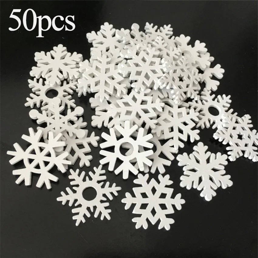 

50PCS Mix Shape Wooden White Snowflakes Christmas Ornaments Xmas Pendants New Year Christmas Decorations For Home