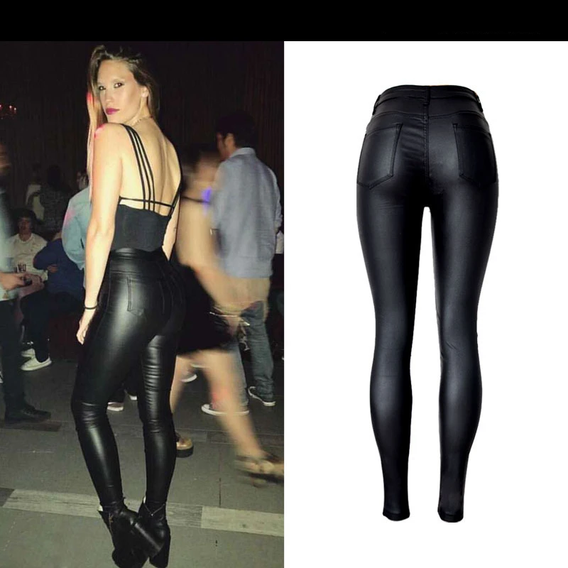 Осенне-зимние узкие Стрейчевые брюки из искусственной кожи с высокой талией