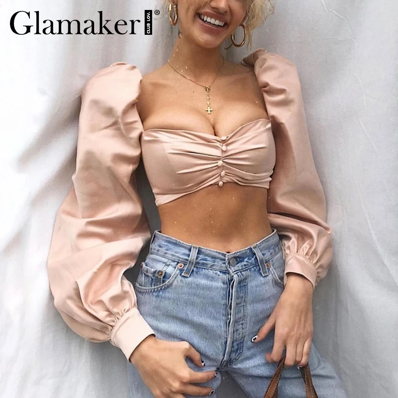 Женская блузка с рукавом-фонариком Glamaker летняя на кнопках коротким рукавом |