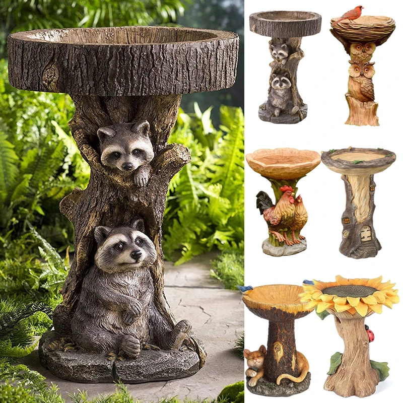 

Garden Home Office Crafts Ornaments Bird Drinking Bird Bath Feeder Natural Resin Carving Dog/Sunflower/Raccoon/Rooster Sculpture