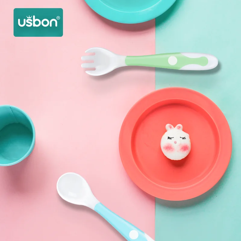 Usbon 2Pcs Bendable Baby Spoon Fork Set Toddler Infant Learning Tableware Flatware Utensils Kids Cutlery with Storage Box | Мать и