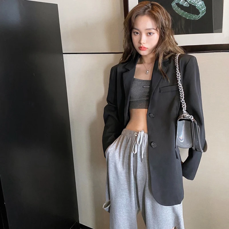

Black Women Blazer 2021 Spring New Arrival Korean Elegant Single Breasted Solid Suit