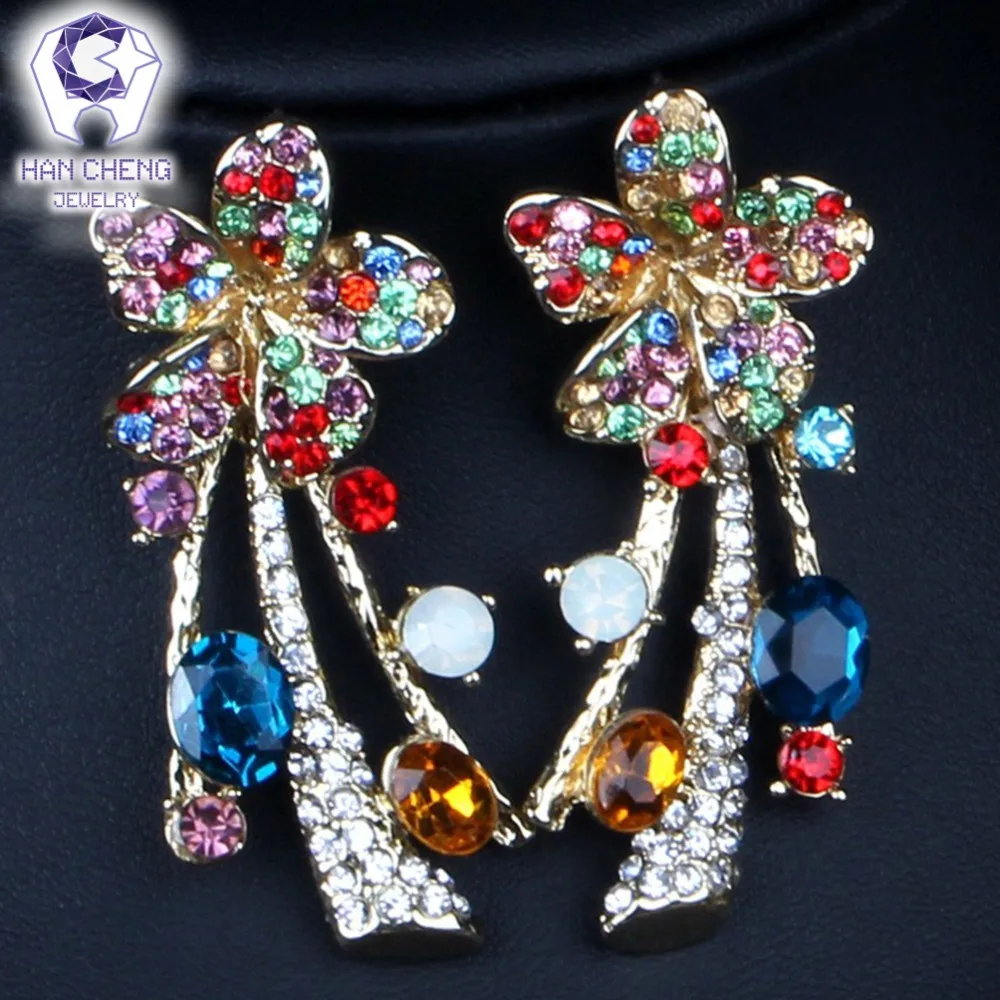 HanCheng Luxury Flowers Golden Metal Rhinestone Big Crystal Statement Choker Necklace/Earrings For Women Jewelry leagtha collier | Украшения