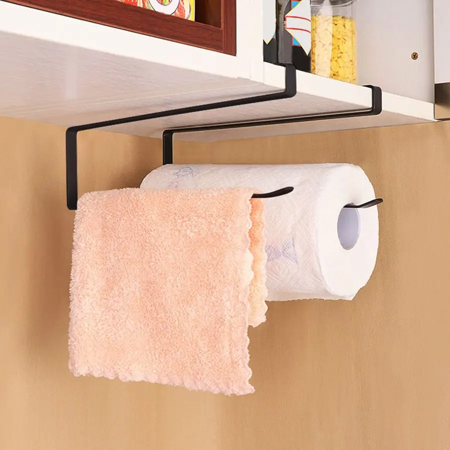 

Kitchen Cabinet Steel Roll Paper Holder Paper Towel Rack Hanger Paper Storage Organizer Black