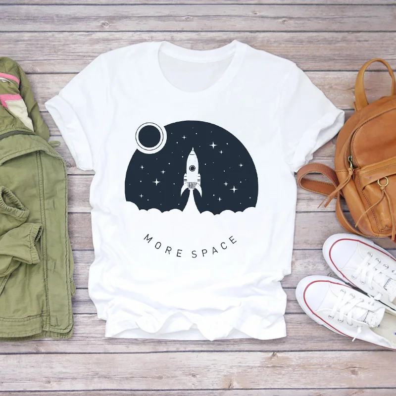 

Fashion street leisure women space aesthetic cartoon graphic printed T-shirt Harajuku students street lovers loose short sleeves