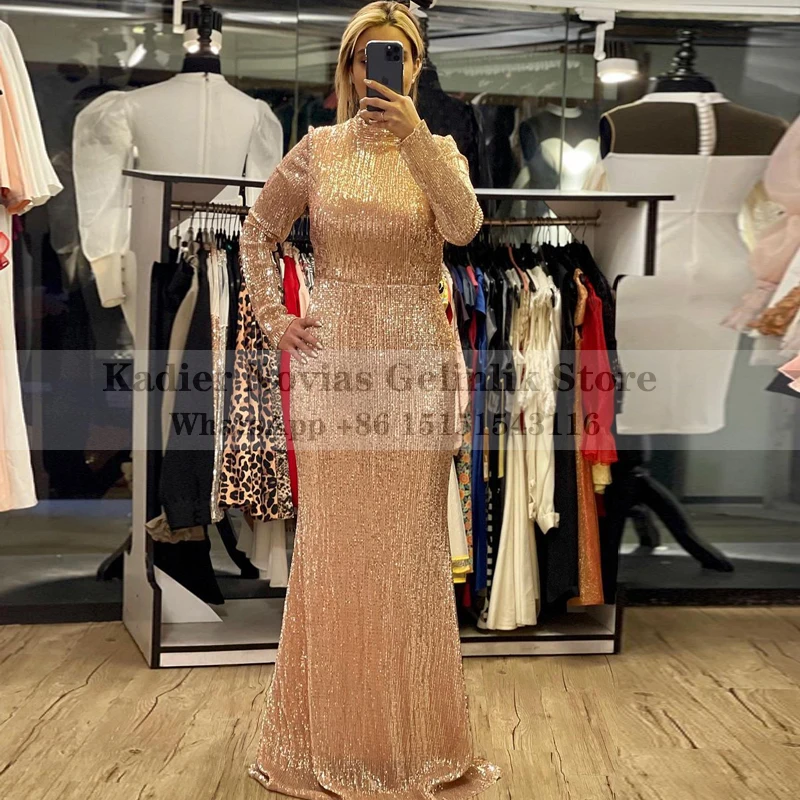 

Женское вечернее платье с длинным рукавом, платье цвета шампанского с блестками в арабском стиле, платье с высоким вырезом для выпускного в...