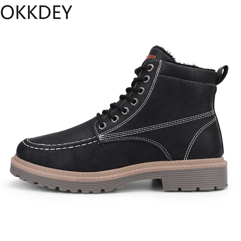 

okkdey Autumn and winter men's new Martin boots fashion trendy boots plush cotton shoes antiskid comfortable high top shoes