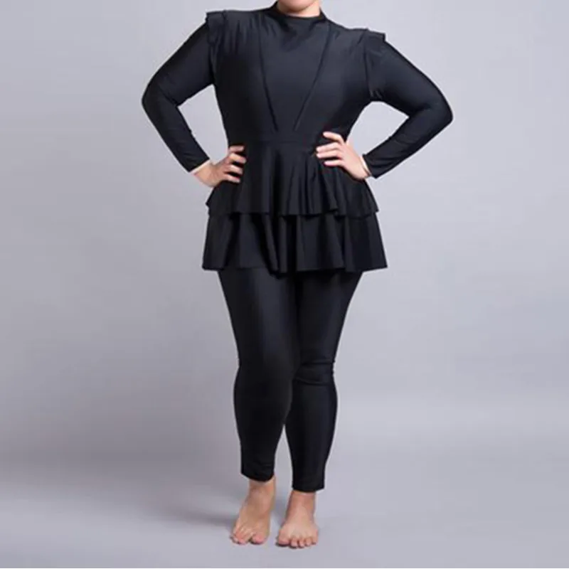 

3 Pieces Plus Size Muslim Swimwear 2021 Whole Black Ruffle Burkini With Bra Padding Swimsuits Women Maillot De Bain Femme