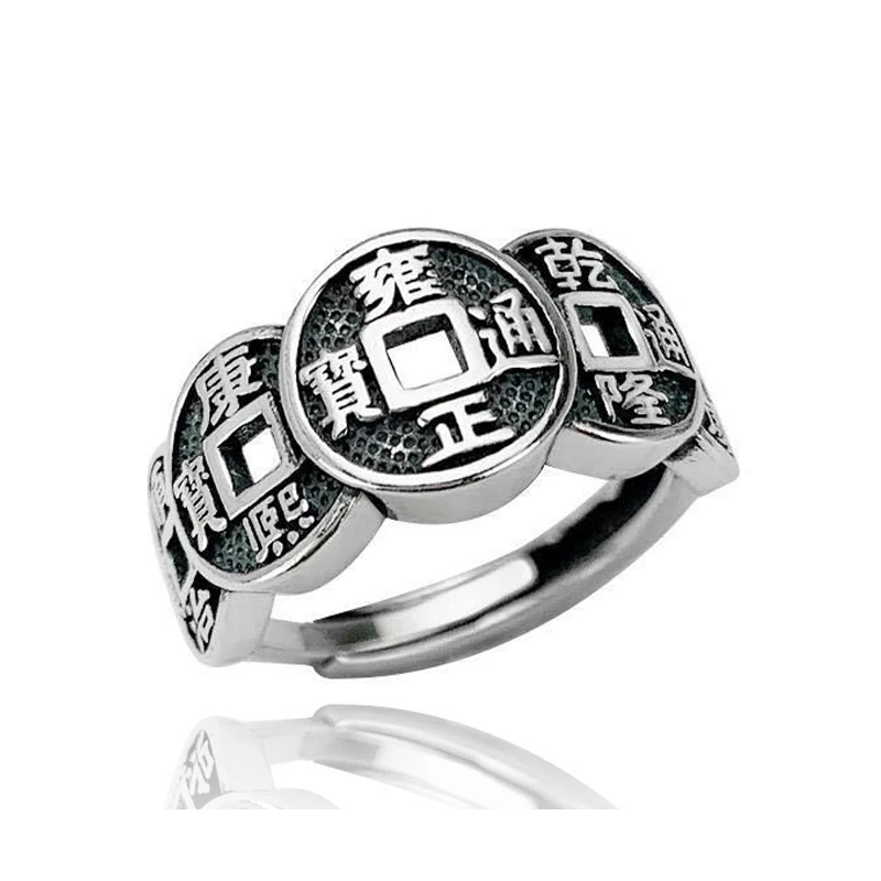 

Creative Ancient Chinese Coins Lucky Men's Ring Adjustable Fortune Rings Jewelry Silver Color Vintage Man Aesthetic Finger-Ring