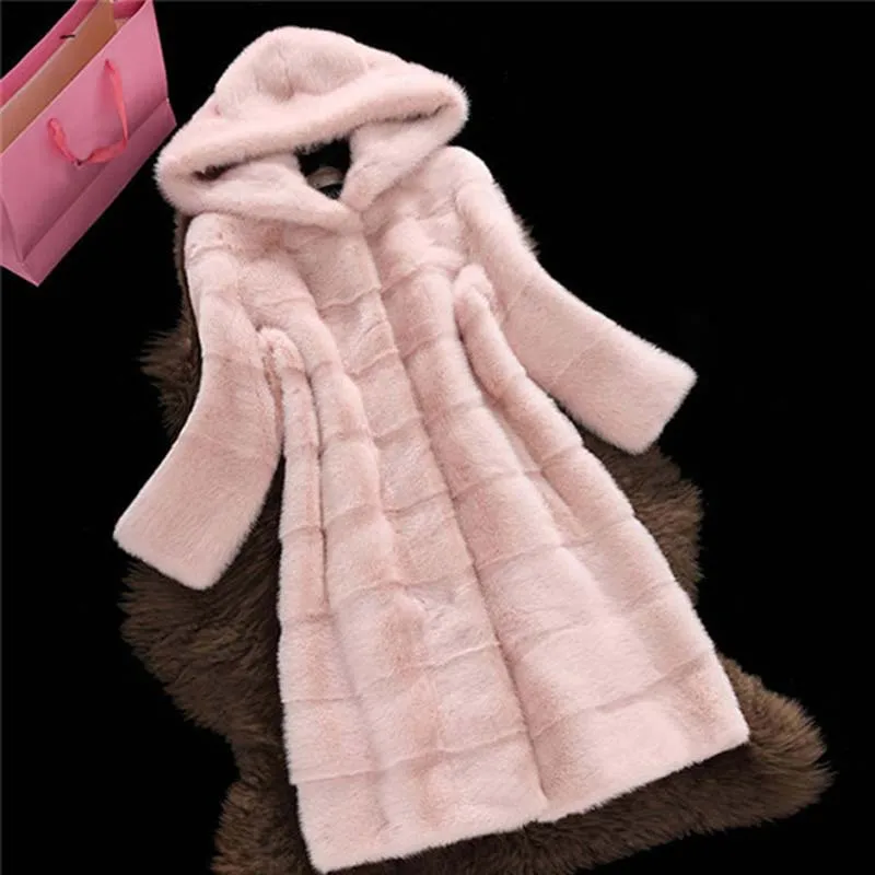 

Black Hooded Faux Fur Coat Winter Women Long Faux Fox Fur Jacket 20120 Fashion Plus Size Coats Elegant Lady Warm Jackets