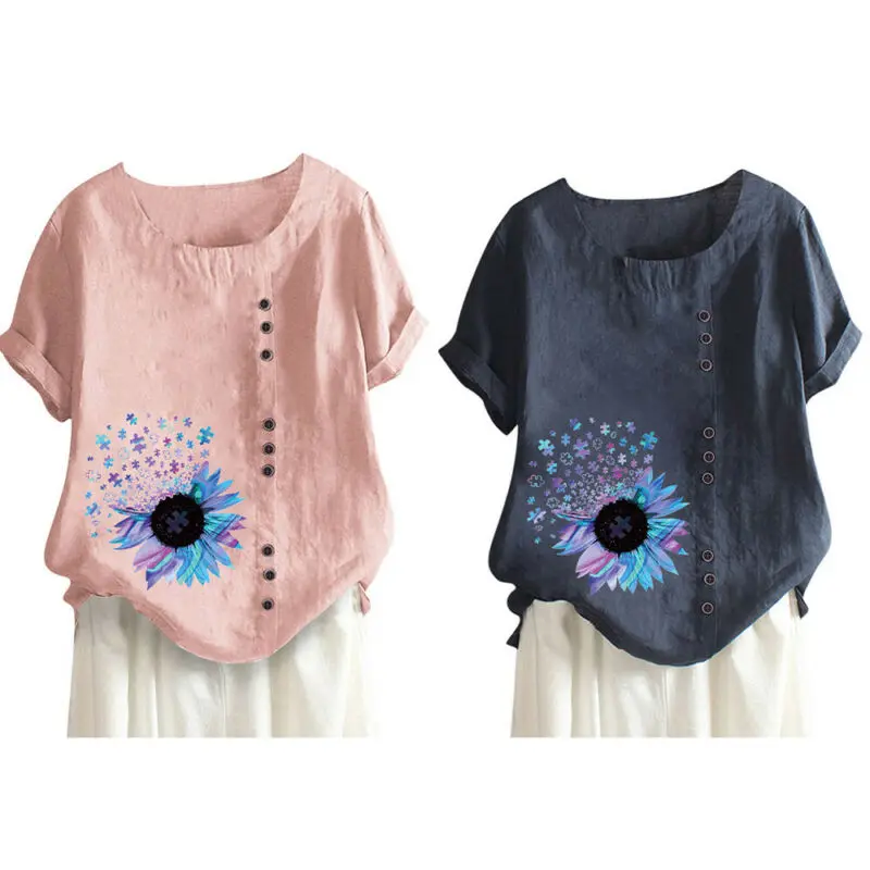 

Fashion 5XL Retro t Shirt Linen Women Button Short Sleeve Loose T-Shirt Floral Ladies Casual Tops Summer Women Top Tees