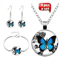 vintage butterfly art photo jewelry set glass pendant necklace earring bracelet totally 4 pcs for womens fashion party gifts