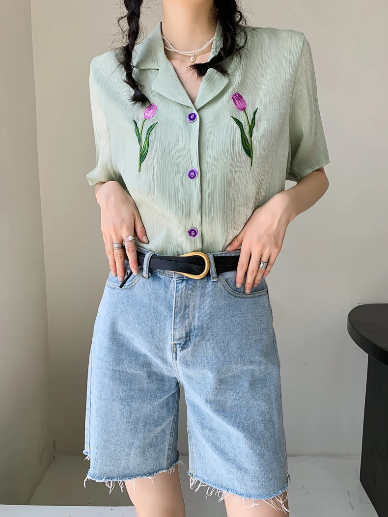 

CHEERART Tulip Embroidered Green Shirt For Women Korean Fashion Summer Top Short Sleeve Lapel Button Up Collared Shirt Blouses