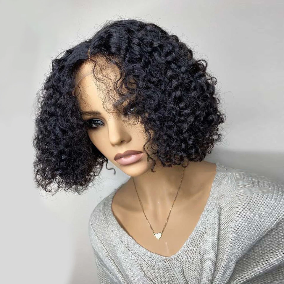 16 дюймов плеча Cut Out Боб черные человеческие вьющиеся Предварительно 13x4 часть