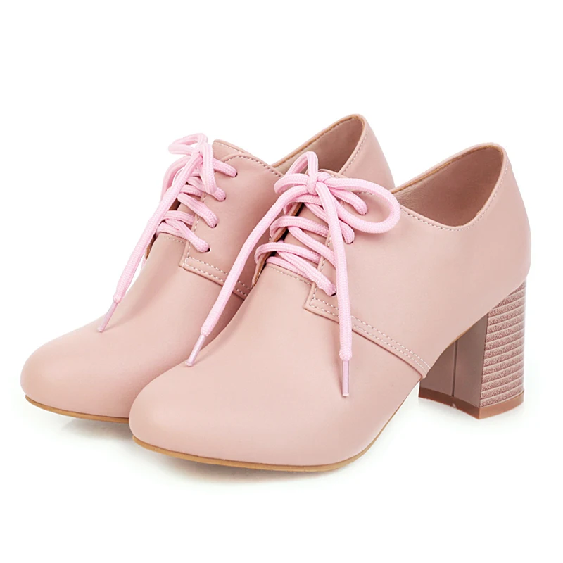  Женские туфли на толстом каблуке SmallHut, белые, розовые, бежевые туфли-лодочки с глубоким носком, на шнуровке, M144, 2021  