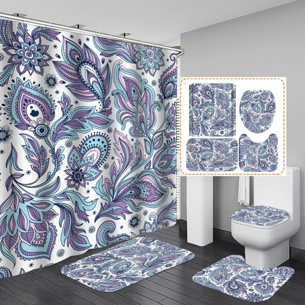 

Blue Peacock Feather Shower Curtain Fashion Purple With Non Slip Rug Mat Waterproof Polyester Home Decor 180cm Bathroom Curtain