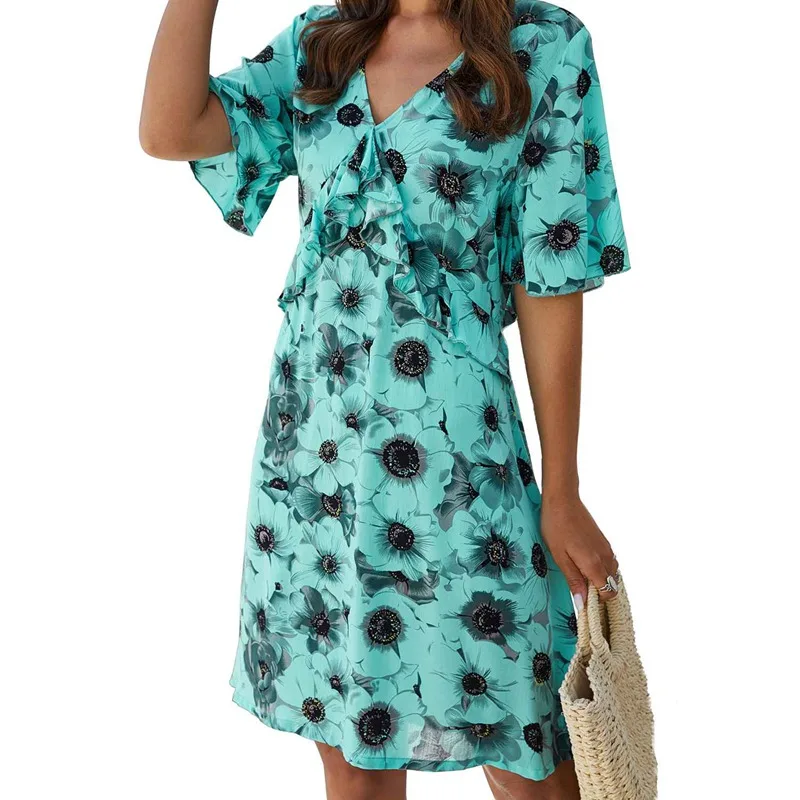 

Women's V-Neck Sexy Halter Elastic Waist Printed Casual Dress
