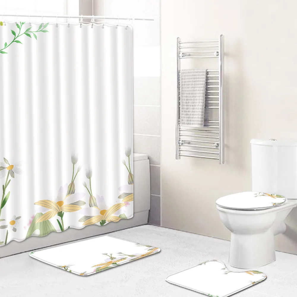Zeegle 4Pcs Bath Mat Set Toilet Seat Cover Shower Room Doormat Modern Area Soft Rug Anti Slip Carpet Waterproof Curtain | Дом и сад