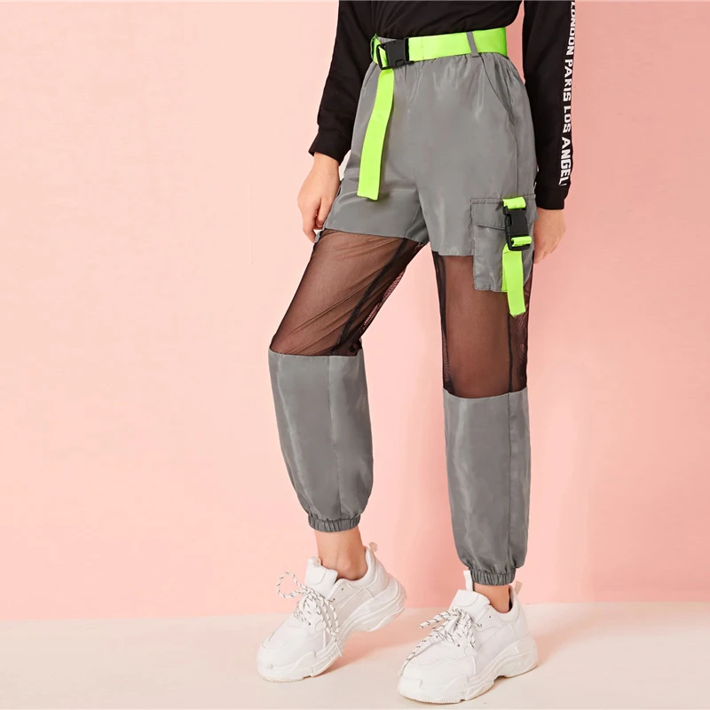 SHEIN/Детские неоновые брюки-карго с пряжкой и сетчатой вставкой, с поясом, для девочек; коллекция года; сезон осень; серые брюки с эластичным поясом и карманами по бокам