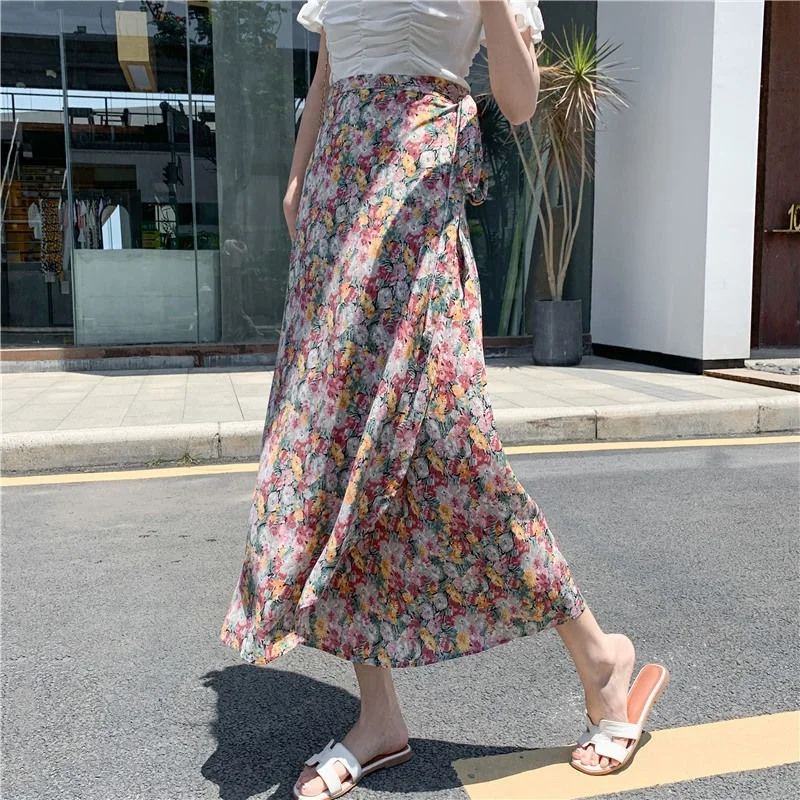 

Women Skirts Summer Chiffon Floral Mid-calf Vintage Female Simple All-match Adjustable Waist Sashes Side-slit Elegant Holiday