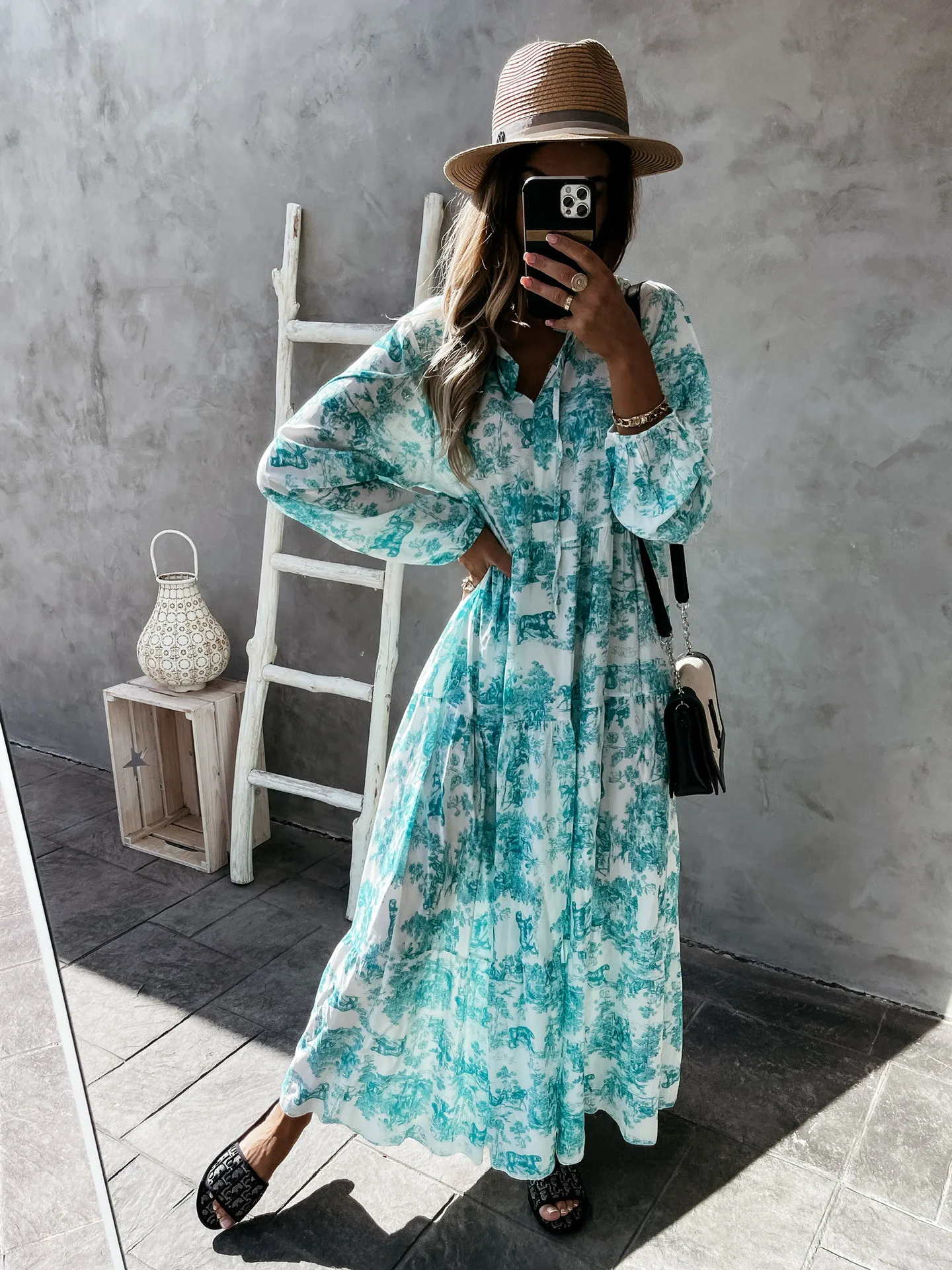 

Summer 2021 new floral print loose dress fashion lace up drawstring V-neck dress women's elegant long sleeve Party Dress XXL