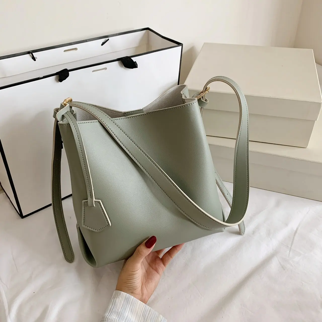 

Small PU Leather Bucket Bags For Women 2021 Winter Solid Color Shoulder Handbags Female Travel Lady Fashion Branded