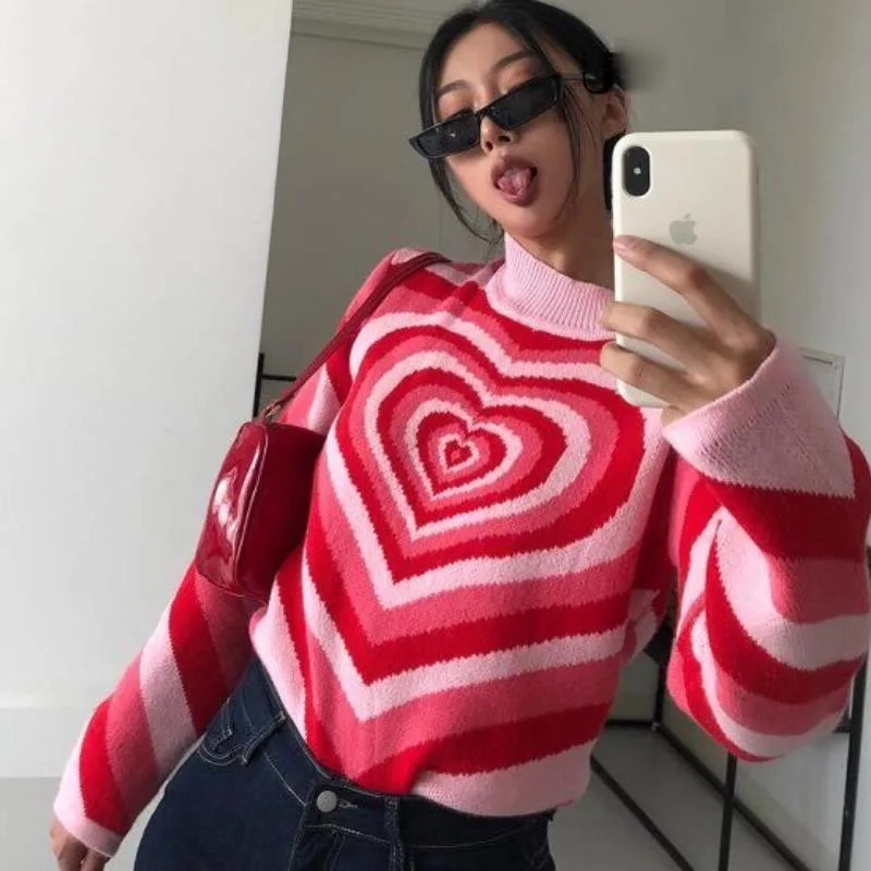 

SHZQ Y2K, вязаный свитер, эстетичные пуловеры в полоску с сердечками, свитер для девочек, Милый джемпер с длинным рукавом и высоким воротником, о...