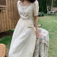 high quality vintage dress women french style floral print fairy dresses embroidered puff sleeve hepburn style summer vestidos