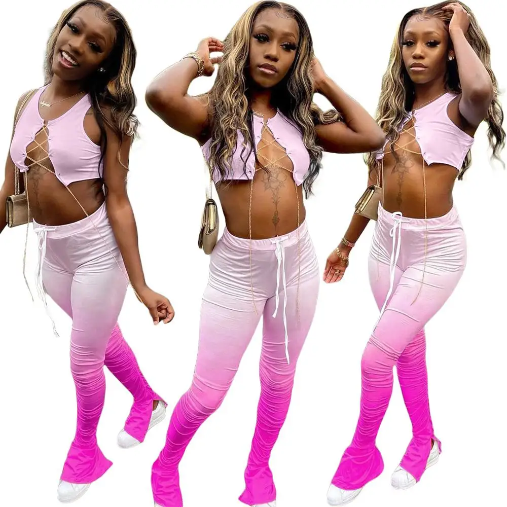 

Women Two Piece Set Sleeveless Lace Up Crop Top Gradient Stacked Bell Bottom Flare Jogger Night Club Suit Tracksuit Matching Set