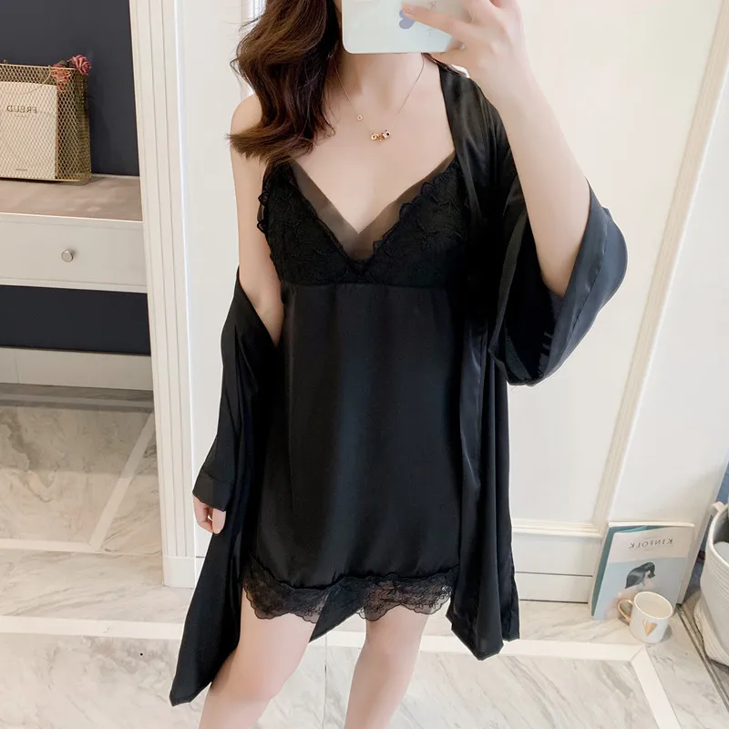 

Satin Kimono Robe Gown Lace Nightwear 2021 New Sleepwear Women Sexy 2PCS Sleep Set Nightdress Bathrobe Casual Intimate Lingerie