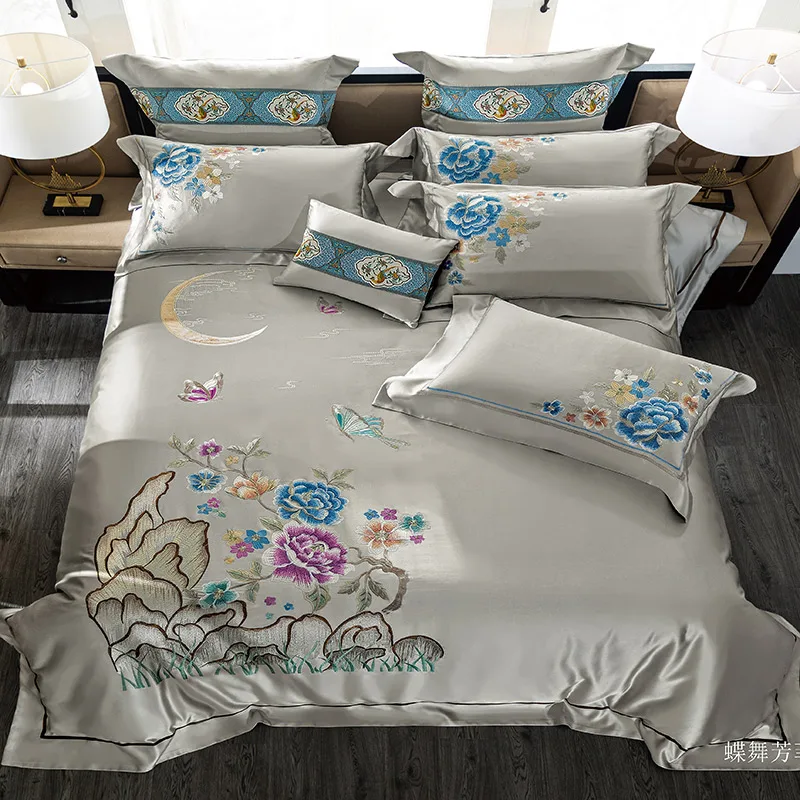 

4/6/10PCS Luxury Satin Bedding Set Embroidery Duvet Cover Bedsheet Thick Bedspread set Parrure De Lit