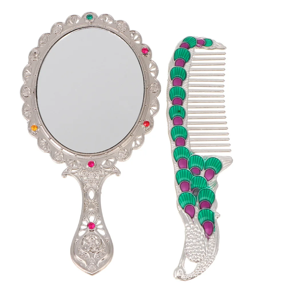 

1 Set Vintage Makeup Alloy Mirror with Comb Portable Handheld Vanity Mirror