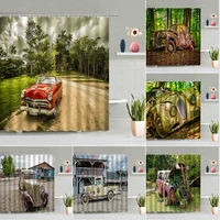 retro vintage car shower curtain set forest green plants in the engine old scrap garage pattern bathtub decor screens with hooks