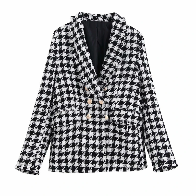 

Streetwear women Houndstooth tweed coat 2021 autumn fashion lady double breasted outercoat vintage female coat girl chic jacket