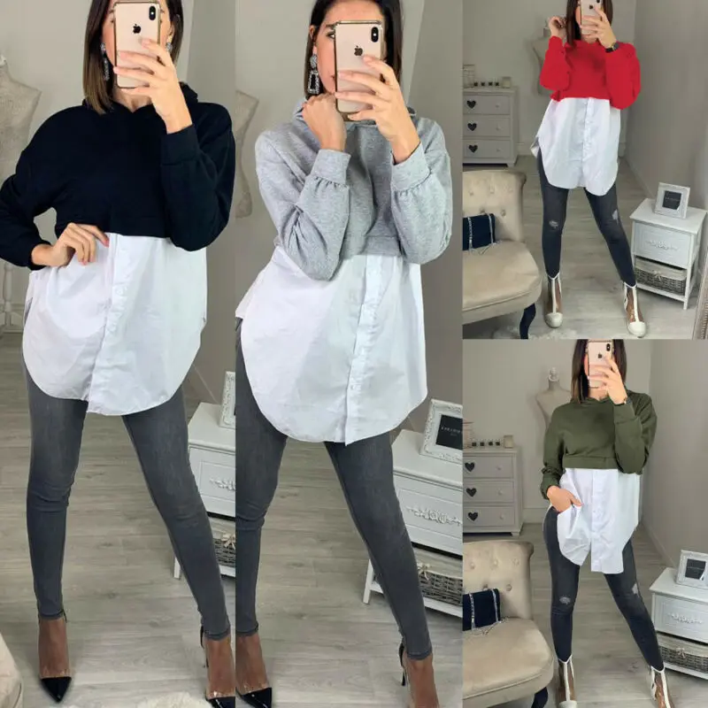 Модная толстовка с капюшоном Лоскутная рубашка пуговицами женская кофта длинный